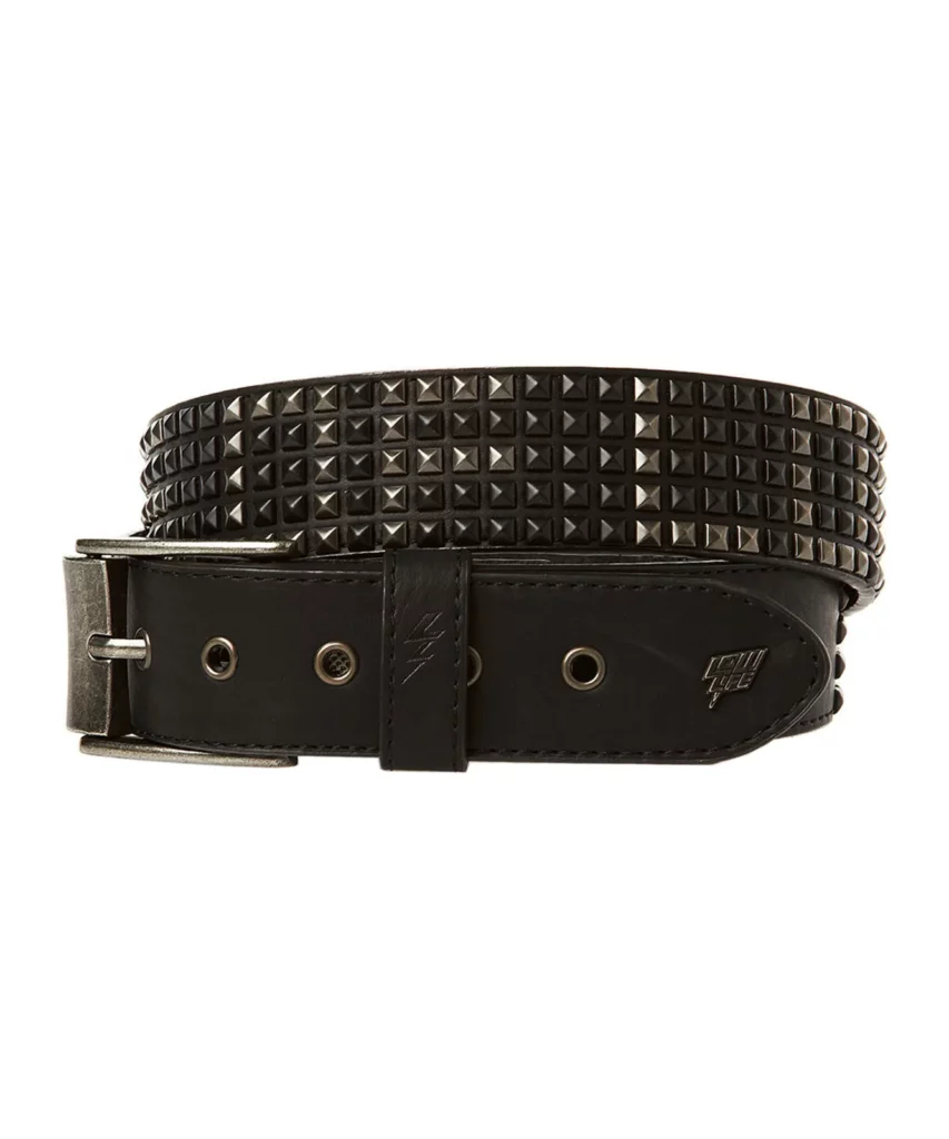 A studded belt with highlighted studs that spell the words lowlife london